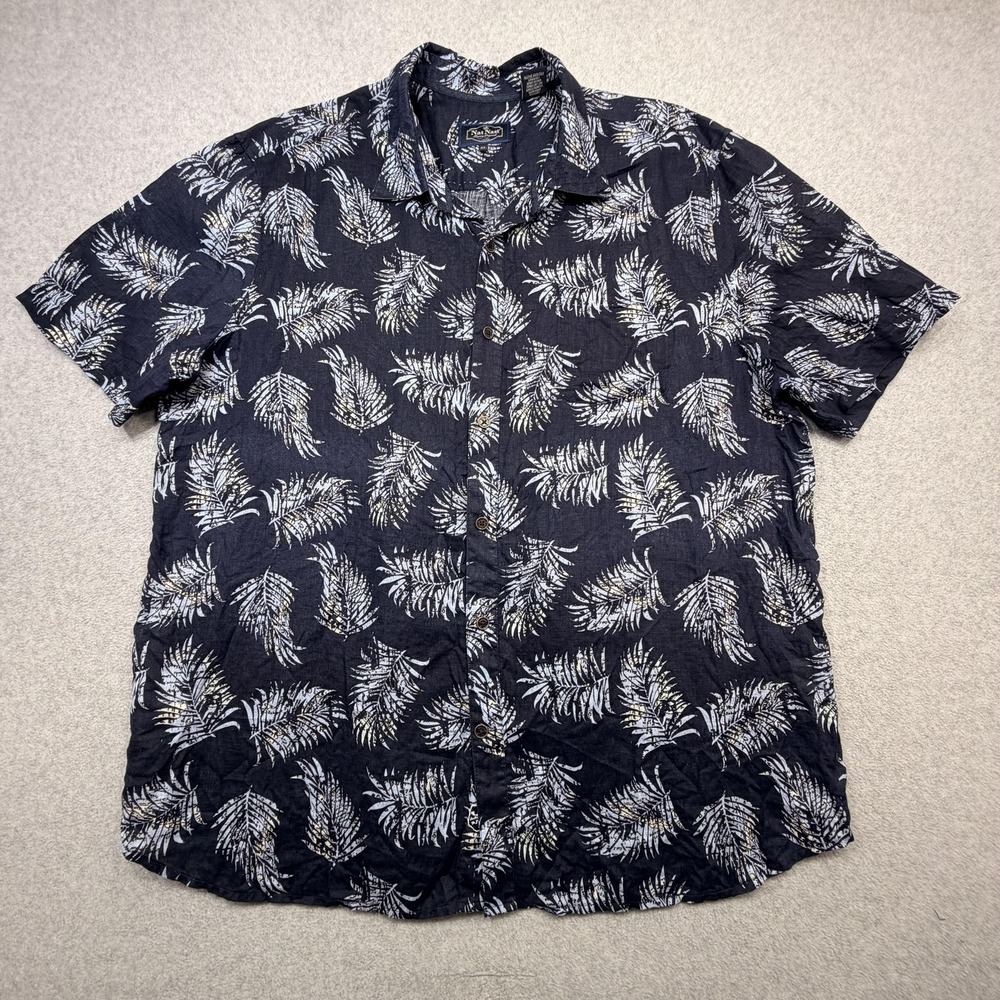 Nat Nast Shirt Mens XL Blue Leaf Print Short Sleeve Button Linen Tropical Casual